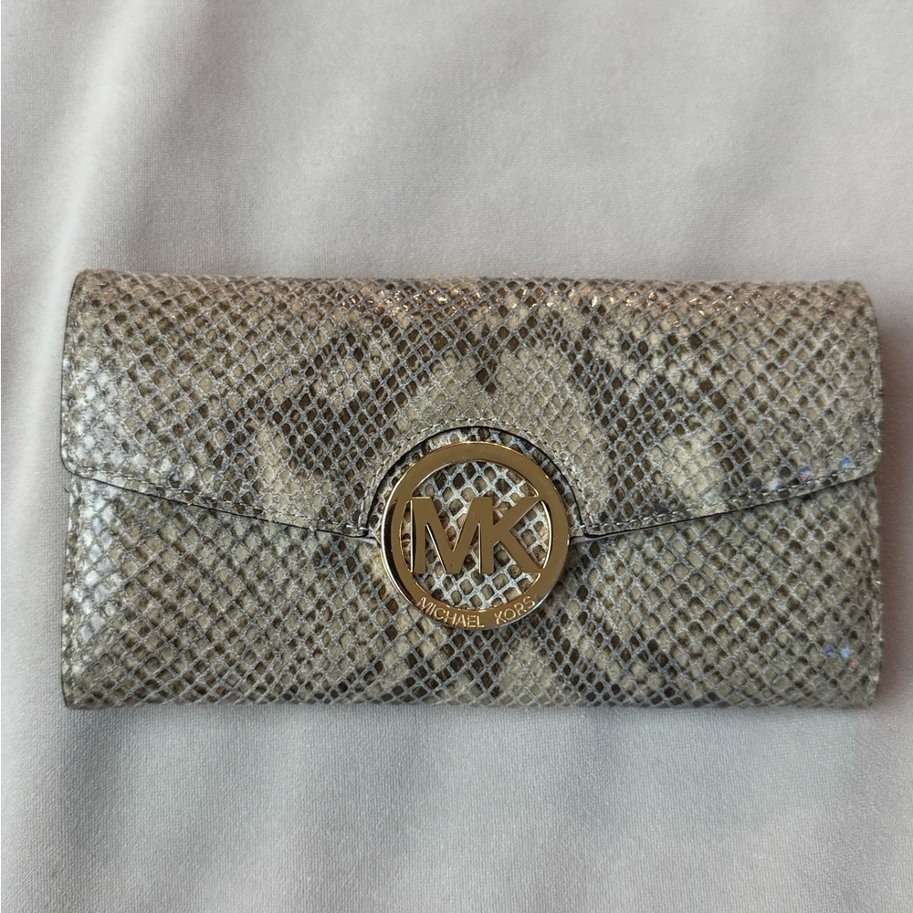 Michael Kors Gray Snakeskin Wristlet with Gold Accent